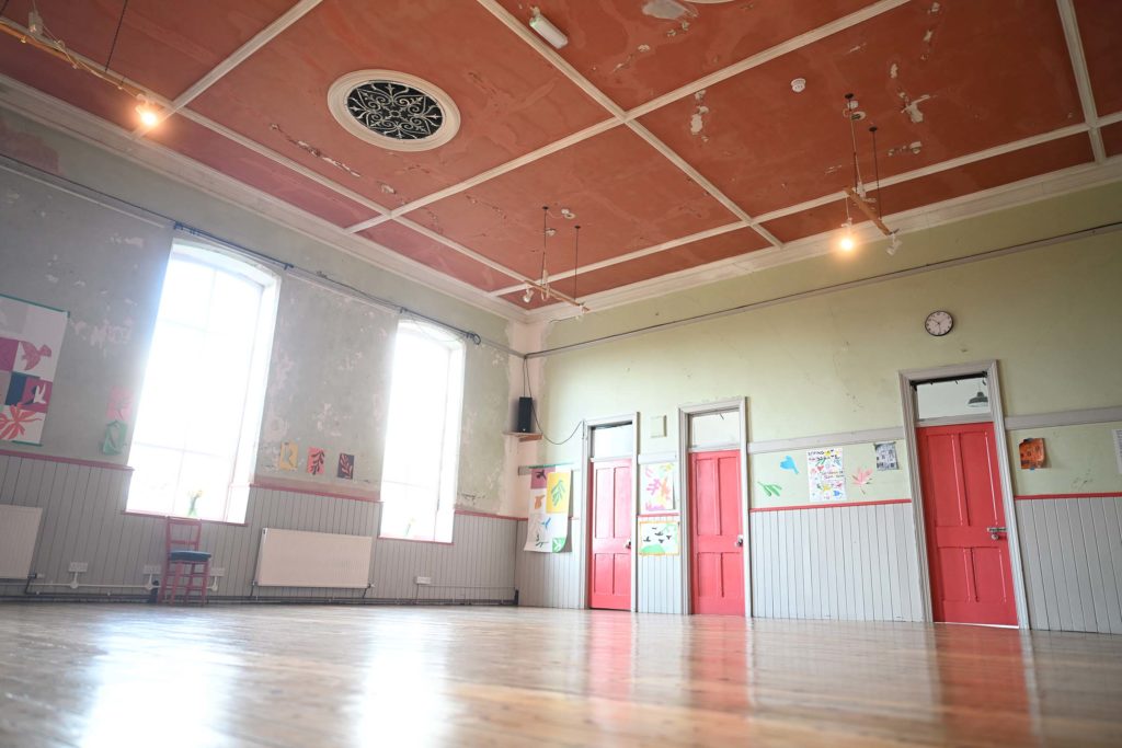 The spacious first-floor dance hall and community arts space inside Wainsgate Chapel, West Yorkshire.